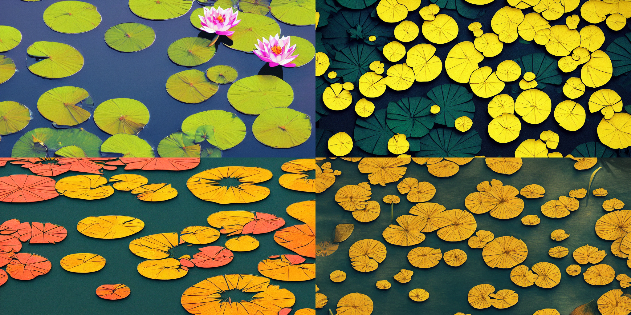 lily Pads with Lotus flowers in the golden hour, paper cut art, close up, DOF, 8k, artstation,