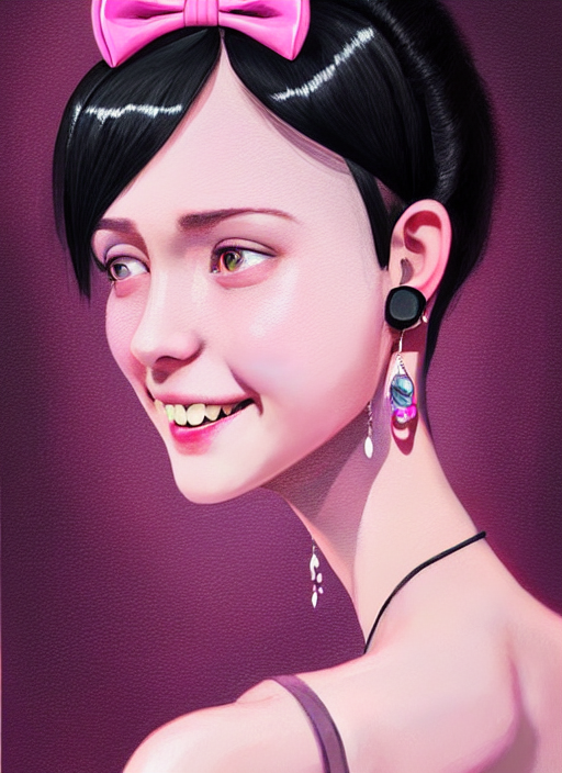 portrait of high school girl, realistic, black hair, bangs, half updo hairstyle, pointy nose, skinny, smile, ugly, defined jawline, big chin, pink hair bow, earrings, intricate, elegant, glowing lights, highly detailed, digital painting, artstation, sharp focus, illustration, art by wlop, mars ravelo and greg rutkowski
