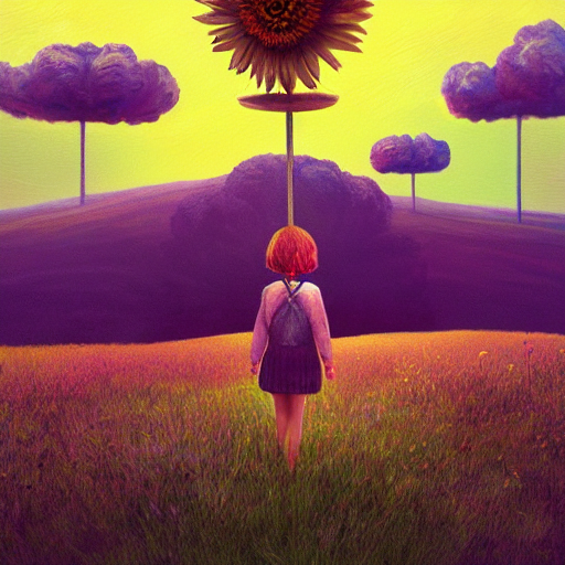giant daisy flower as a head, girl walking in grass, hills, surreal photography, moon light, dark night, dramatic, impressionist painting, clouds, digital painting, artstation, simon stalenhag
