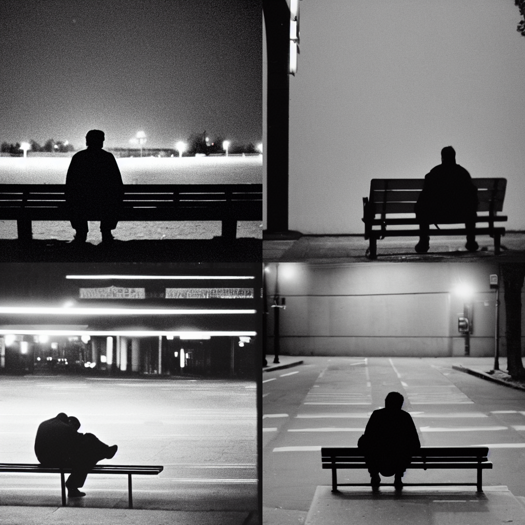 A lonely man sits on a bench at night with his hands on his face, spotlighting, depth of field, 35mm lens, potra 400, depressing