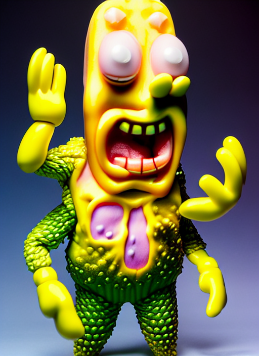 hyperrealistic rendering, fat smooth john carpenter flesh monster spongebob by art of skinner and richard corben and jeff easley, product photography, action figure, sofubi, studio lighting, colored gels, colored background