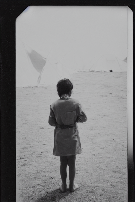 photo polaroid of a sad and lonely child in a white coat and barefoot stands in the middle from behind the camera many big tents of field hospitals, pandemic, covid, loneliness, black and white ,photorealistic, 35mm film,