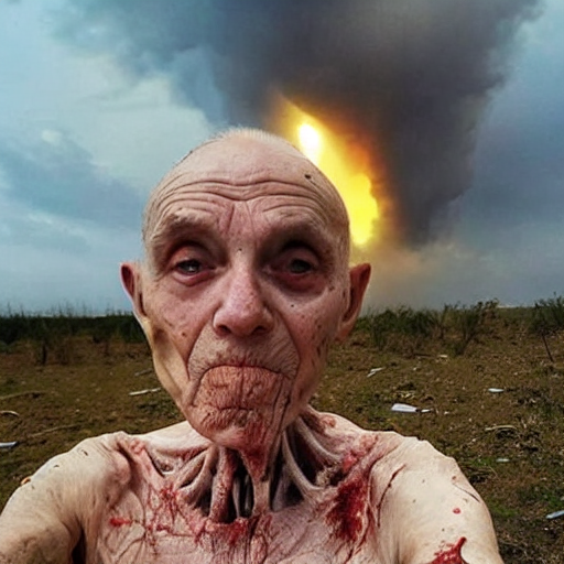 last selfie of last alive ukrainian very damaged body to bones running from nuclear explosion, dead bodies everywhere, 2 0 2 2