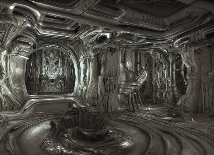 HYPER REALISTIC VFX SIMULATION of one of H.R GIGER'S works, HIGHLY INTRICATELY DETAILED 3D OCTANE RENDER