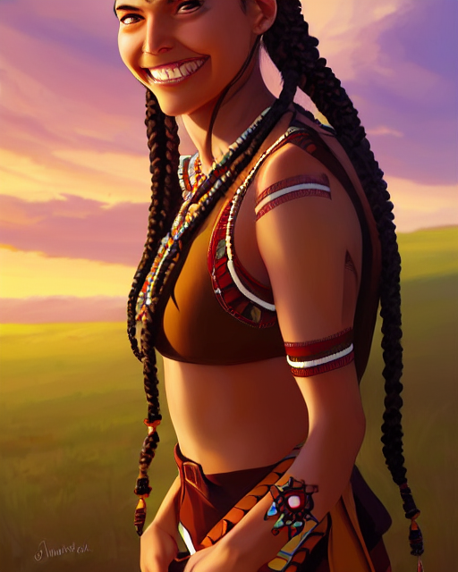 in the style of artgerm and Andreas Rocha and Joshua Middleton, pretty Native American young woman with braids, smile on face, Symmetrical eyes symmetrical face, bead necklace, red face paint straight strip across eyes, full body, scenic prairie in background, natural lighting, warm colors