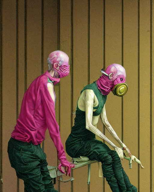 Two skinny old people wearing gas masks, draped in silky gold, pink and green, inside a decayed surgical room, loss and despair, in the style of Francis Bacon, Esao Andrews, Edward Hopper, 3D HD mixed media, highly detailed and intricate, surreal illustration , art by Takato Yamamoto and James Jean