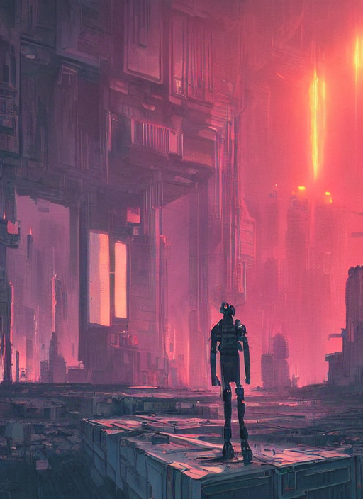 a painting of a giant robot standing in front of a post apocalyptic city ruins, cyberpunk art by beeple, artstation hd, dystopian art, apocalypse art, sci - fi, glowing neon lights anamorphic lens flare