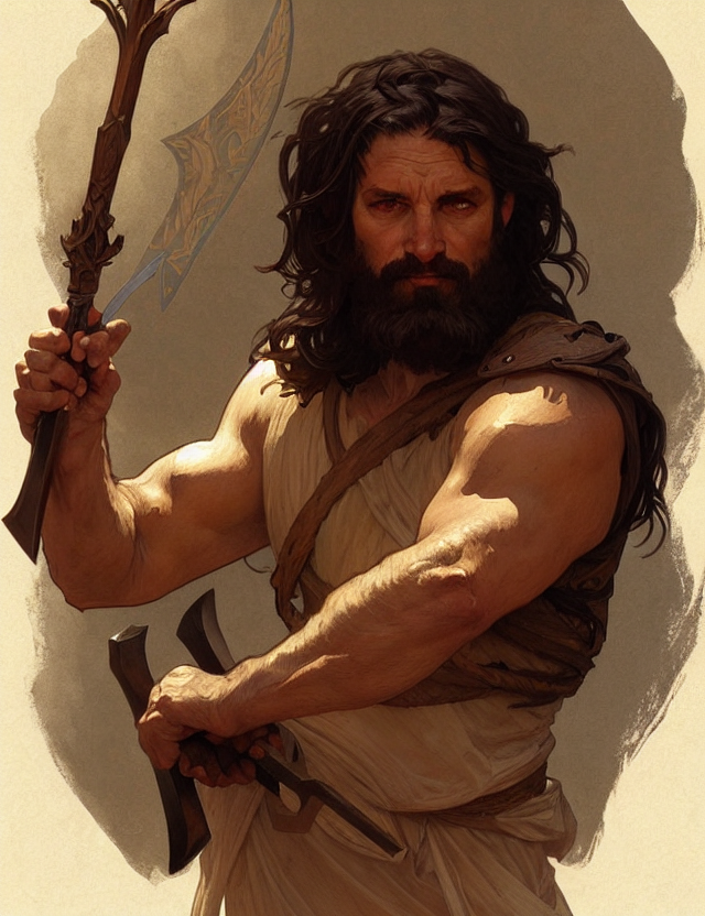 portrait of cain from bible holding a spear, headshot, intricate, highly detailed, digital painting, artstation, concept art, sharp focus, cinematic lighting, illustration, art by artgerm and greg rutkowski, alphonse mucha, cgsociety