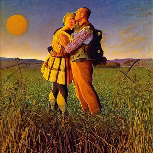 by james mcintosh patrick kaleidoscopic. a beautiful performance art of a man & a woman in a field of tall grass with the sun setting behind them