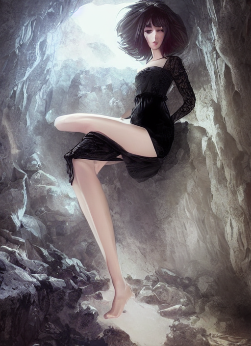 beautiful woman in a black lace dress in a cave, detailed dress and face, digital art, manga style, by artgerm, by wlop, by conrad roset, octane render, beautiful lighting