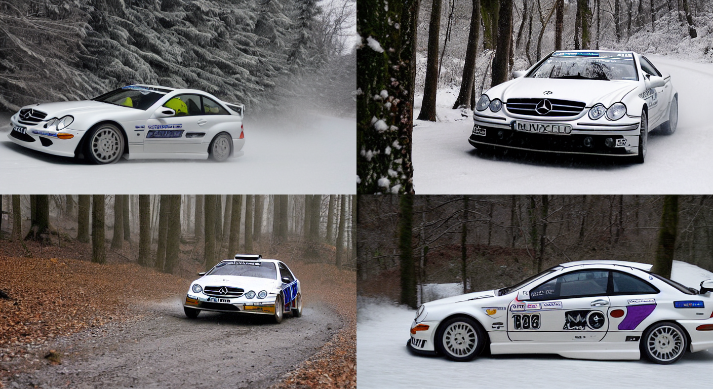 a 2 0 0 3 mercedes - benz clk 5 5 amg, racing through a rally stage in a snowy forest