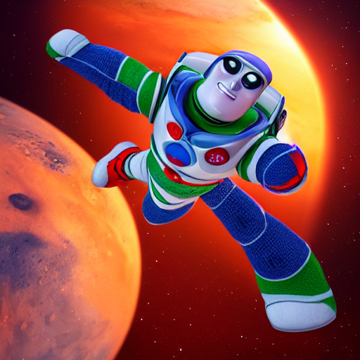 a photorealistic photograph of a knitted Buzz Lightyear themed Captain America flying through outer space, Mars in distance, featuring shield - Trending on Artstation, featured on Behance, well-rendered, Unreal Engine, 4K HD