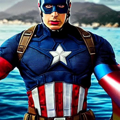 Captain America wants to become an influencer on Instagram. He reads a book and attempts to photograph himself with his phone in front of the sea. Filmed in the style of Sam Mendes, cinematic, technicolor, grandiose