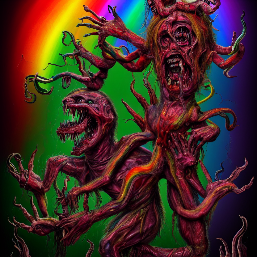 a beautiful, colorful, flesh - eating, whimsical demon with rainbow fur, seven arms, seven legs, three heads, by alexandro judorowski and basia tran, fear, morbid, nightmare, supernatural, 8 k, digital art, highly detailed, chiaroscuro, creepy, terrifying