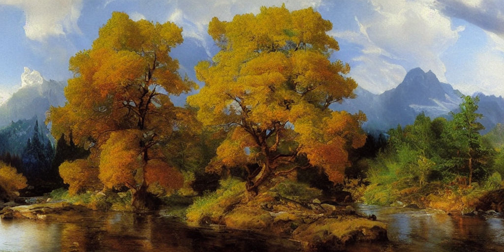 single maple tree growing in grand cayon, stream, thomas moran, oil painting, highly detailed, masterpiece