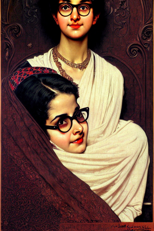 hyper realistic young hyderabadi american muslim woman with short black hair round face dusky skin and black cateye glasses by norman rockwell, hr giger, john sargent, mucha