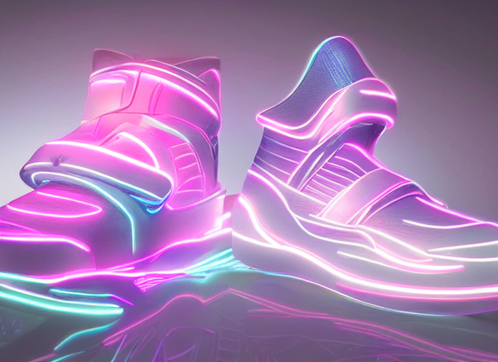 futuristic generative design sneakers with neon lights in the style of cyberdog, product shot, dynamic lighting