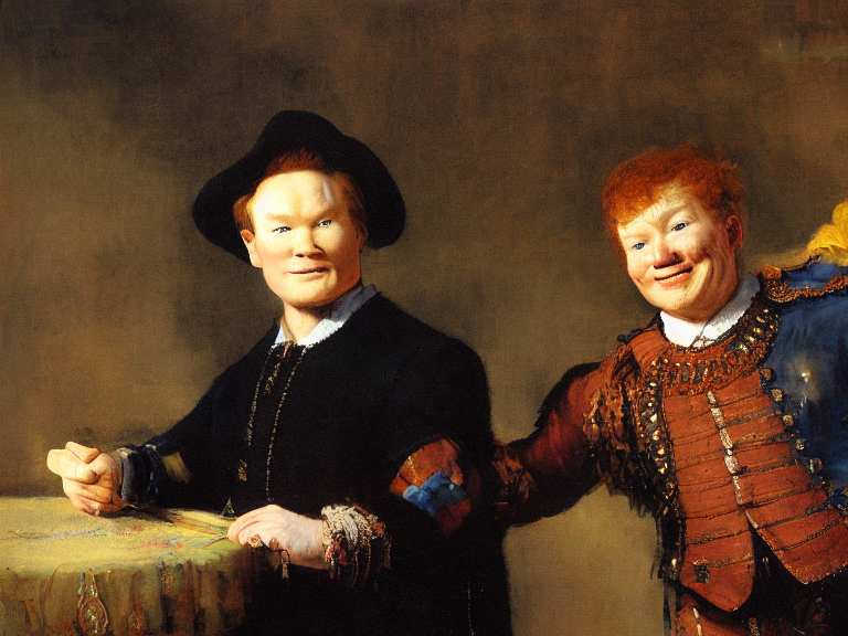 Conan O'Brien and Andy Richter painting by Rembrandt, high detail, high resolution