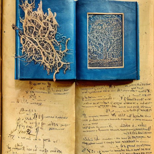 a ancient rustic blue leather bound tome, standing open on a wooden stump in a jungle, pages showing their age, cryptic words and drawings visible, vines growing around, mystical lighting, fog, slight glow coming from inside the book