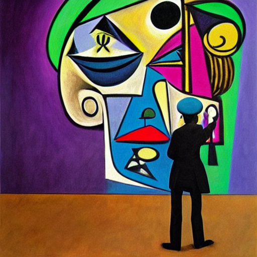 in an art gallery, there is a huge picasso painting of a simple and lonely old man playing the guitar. a man in a top hat and a suit is admiring the painting. cgsociety, surrealism, surrealist, dystopian art, purple color scheme