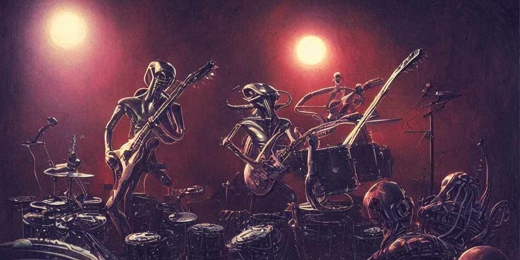 aliens band play on drums and guitar, piano, rock concert, alien-drummer, alien-guitar player,  greg rutkowski