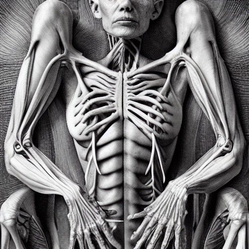 female human with translucent skin, visible muscles and veins and arteries and bones and spines and nerves, beautiful detailed intricate insanely detailed octane render, 8k artistic photography, photorealistic, chiaroscuro, by David Cronenberg, Raphael, Caravaggio