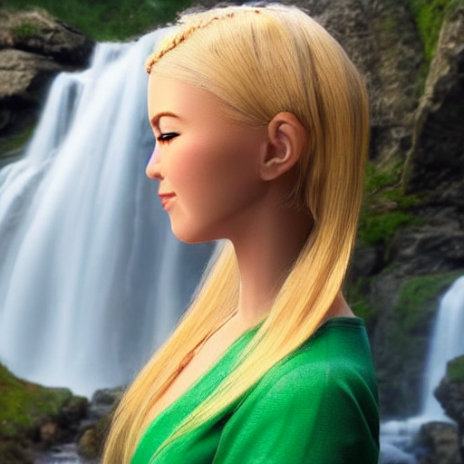 beautiful young blonde-haired elf woman tucking her hair behind her ear and wearing a green dress in front of a waterfall, very very very beautiful, trending on artstation, 4k
