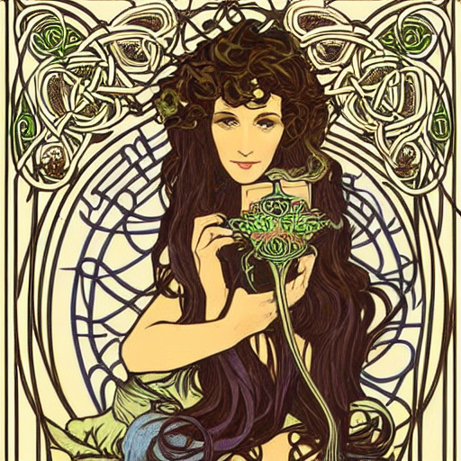 lady with long curly hair with a cat beside her, celtic spread tarot cards on a table in front of her, elegant face, in a gypsy tent with Alphonse Mucha art nouveau poster style, with thin lines and pastel colors,
