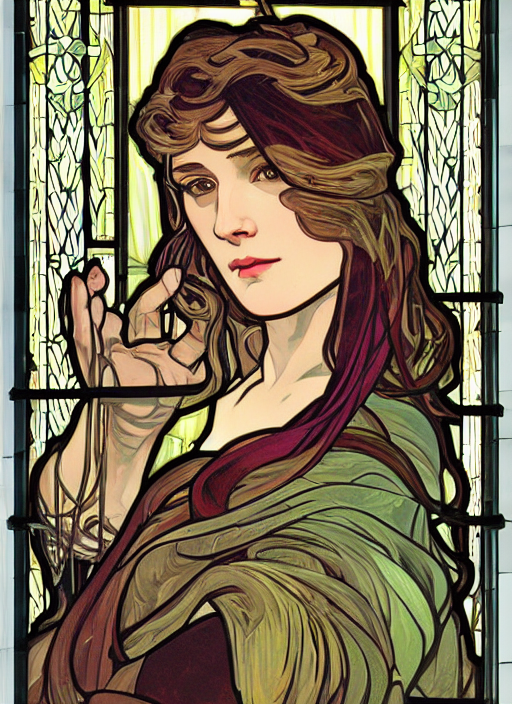 stained glass portrait of shira haas in the style of alphonse mucha, tarot, olive, smooth
