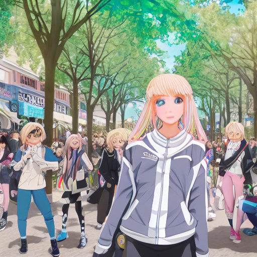 blonde - haired princess, anime princess, wearing black jacket and white leggings, looking through crowd, town street, festival street, trees, green trees, blue lighting, blue sunshine, strong lighting, strong shadows, vivid hues, ultra - realistic, sharp details, subsurface scattering, intricate details, hd anime, 2 0 1 9 anime