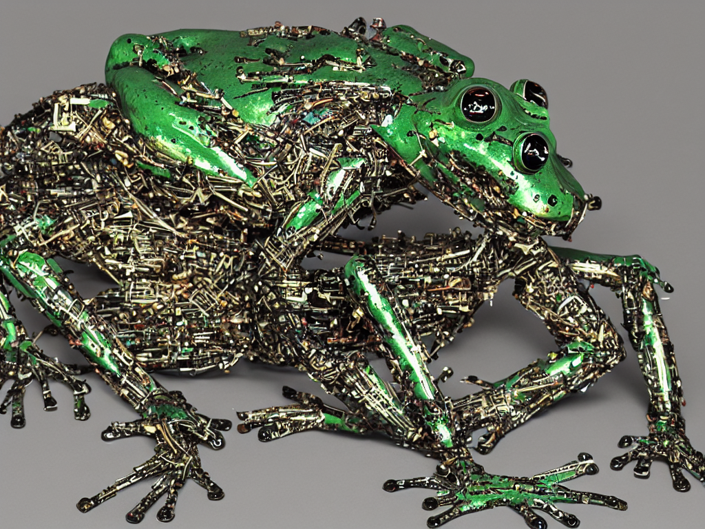 a cyborg frog made from synthesizer parts in a dmt trip