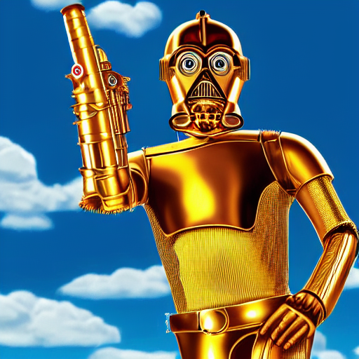 full body portrait of Simpson as C3PO in star wars, background blue sky puffy clouds cinematic 4k