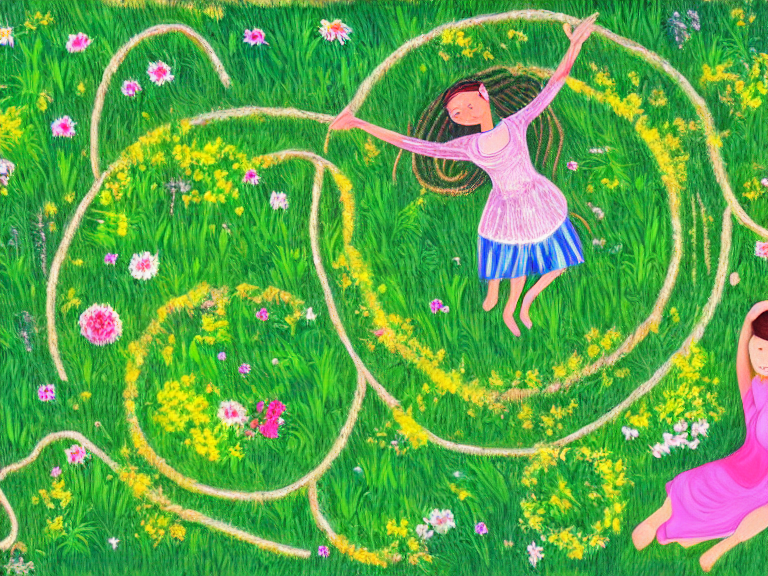 painting of drone view on a lawn full of flowers among forest with a girl laying on the grass with hairs weaved into the grass and grass forms a circled braid around her body. her soul is seemed in air connected to the soul of nature around her. in naive art style