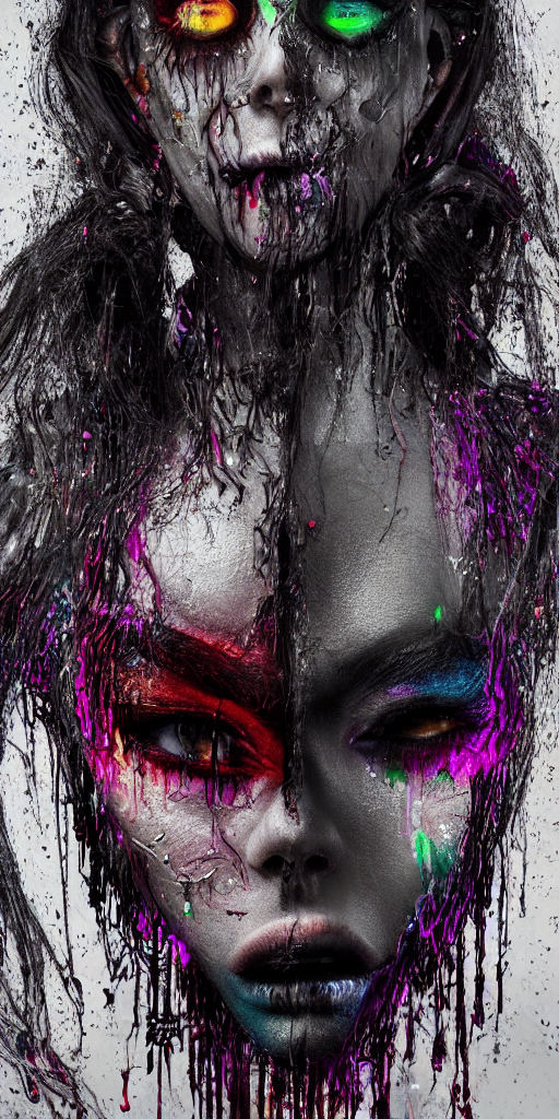 Portrait of an impossibly beautiful vampire with large vampire fangs, single face, full body,  intricate complexity, horror, psychedelic glitch art, rainbow drip paint, trending on art station, photoreal, 8k, octane render