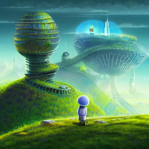gediminas pranckevicius an adventurous boy ( facing the camera ) and his small robot friend, futuristic city backgrond, eleborate composition with foreground and background, depth of field, fantasy illustration by kyoto studio, don bluth!!!, square enix, cinematic lighting