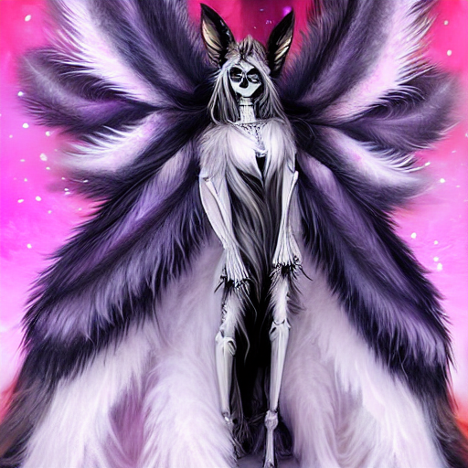 photorealistic painting of a skeleton fox fae character, long fluffy white fur and ears, mage clothes inspired by a melanistic peacock, 9 brilliant peacock tails that shimmer like crow feathers and oil, painted by a master artist, sparkles, pink cloud background, vhs effects, dnd beyond, fae, neon, photo realistic, renaissance, trending on art station