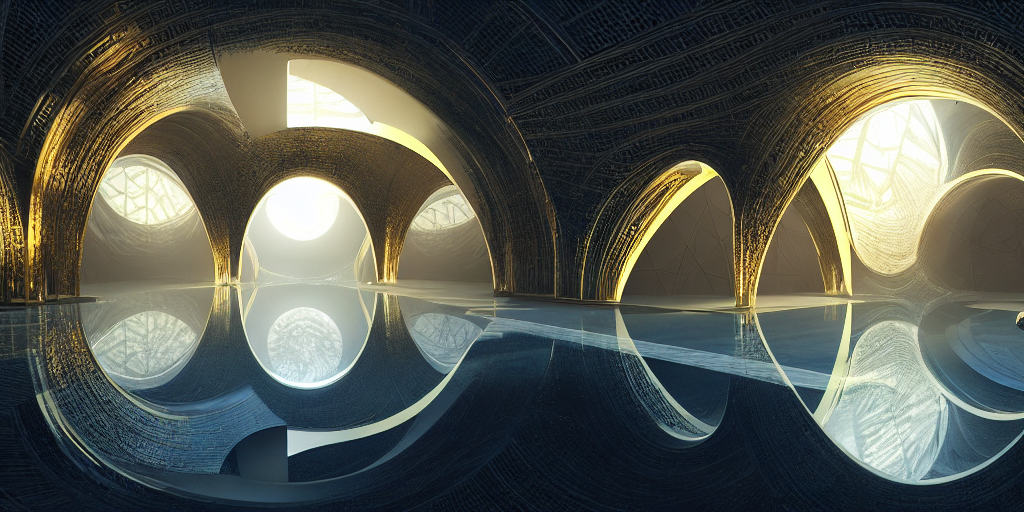 a reflective pool that people are entering to cross the universe, golden stair is the centerpiece of an ancient tomb that is surrounded by ancient trees, there are archways, buttresses, and monuments designed by zaha hadid, matte oil painting, science fantasy, retrofuturism, sharp focus, extremely detailed, 4 k