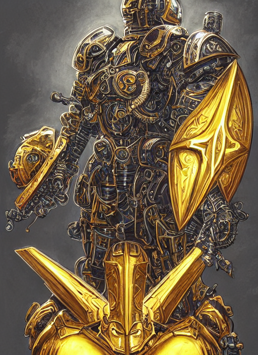 dynamic portrait of a intricate glorious holy mechanical warforged character in yellow armor holding a paladin engraved great longsword and carrying a big paladin shield, spotlight from face , epic , trending on ArtStation, masterpiece, cinematic lighting, by Jesper Ejsing and by Philippe Druillet and by Yoann Lossel and by John Salminen
