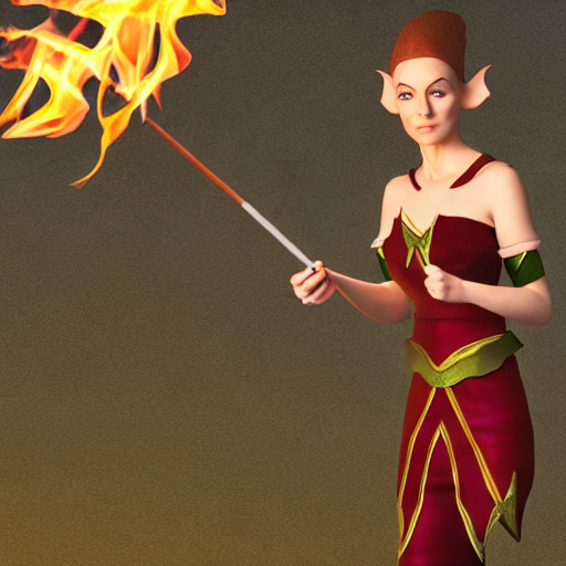 a realistic illustration of a top half of a body of a female elf casting a fire spelln