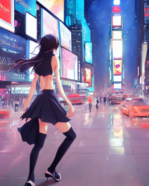 a girl in times square, very sexy outfit, very anime, medium shot, visible face, detailed face, perfectly shaded, atmospheric lighting, by makoto shinkai, stanley artgerm lau, wlop, rossdraws