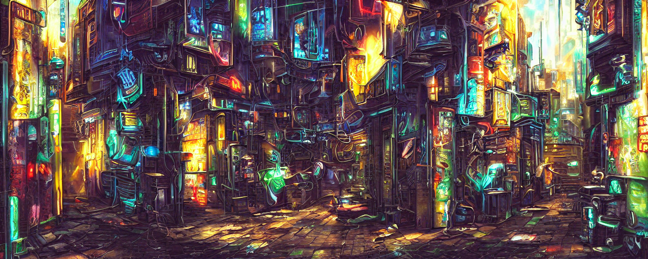 airbrushed painting of a cyberpunk alleyway