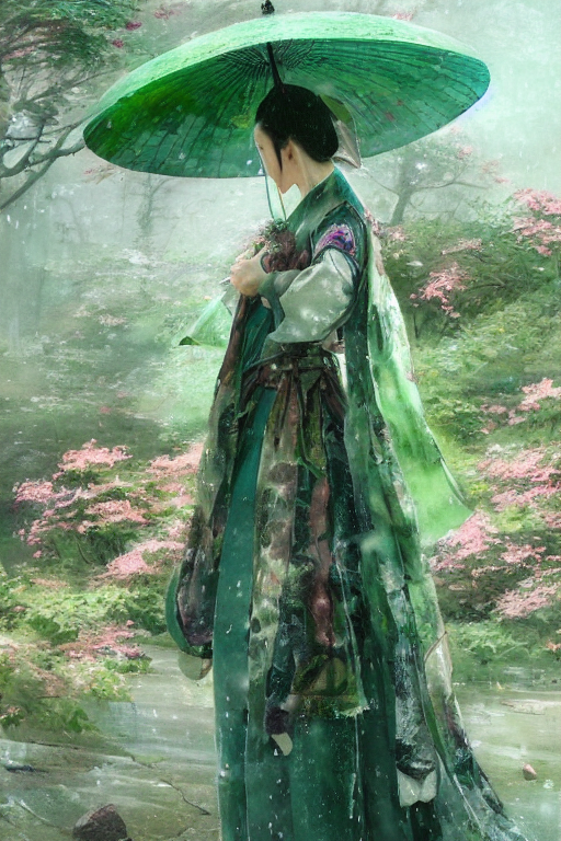 a beautiful picture of a girl in hanfu, a temple covered with green and spots blooming, in rainy day, by greg rutkowski and thomas kinkade, trending on artstation