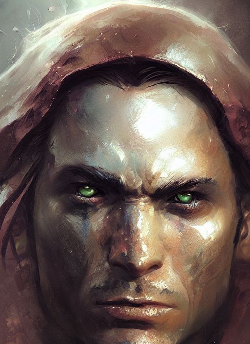 Oil painting of a male human warrior, fantasy character art, close up, portrait, D&D, Magic The Gathering, by Charlie Bowater, Craig Mullins, centered, symmetrical, 8k, sharp focus