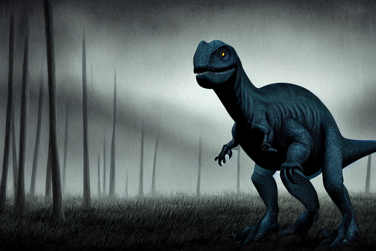 Digital art of a somber dinosaur standing in the distance in the style of Dark Naturalism, Jungle Grunge, twilight, glows, detailed,