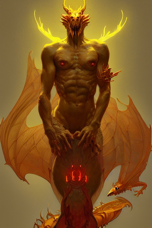 full figure antrophomorphic male dragon, frontal view, no wings, luminous scene, by greg rutkowski and alphonse mucha, d & d character, gradient yellow to red, in hell, highly detailed portrait, digital painting, artstation, concept art, smooth, sharp focus illustration, artstation hq