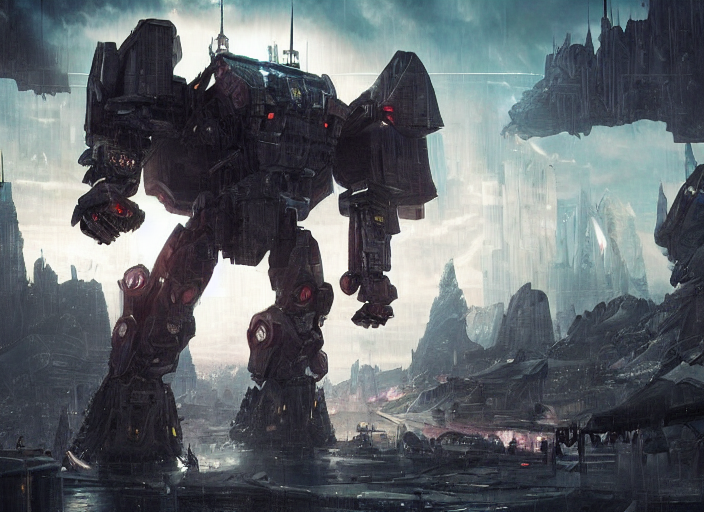 medieval cyberpunk knight running from a gigantic ethereal armored mech in a scenic destroyed city, armor inspired by star wars and iron man, cybernetic implants, beautiful digital art, epic lighting, epic composition, sharp focus 