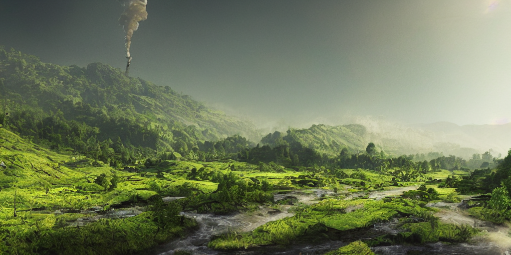 a beautiful landscape photograph of a lush green high sided valley in summertime, a dirty industrial city architecture dominant on the valley side, pipelines, cables, smoke from chimneys,, a trickling stream of poisonous water at the bottom of the valley, pollution, toxic slime, toxic air, corona render, matte painting, god rays volume light, 4 k