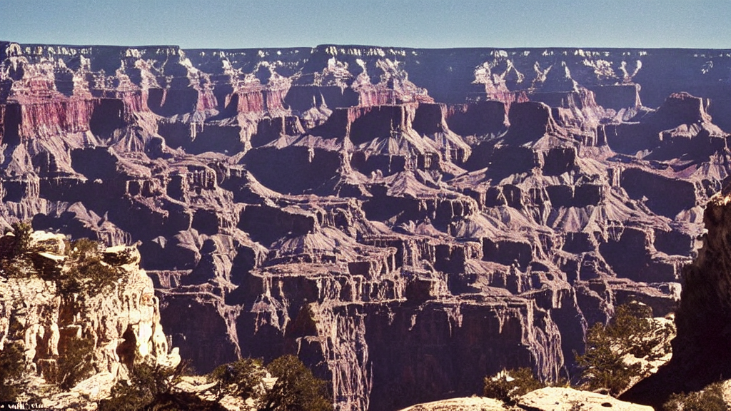 an atmospheric film still by Ridley Scott featuring a dark gothic cathedral carved out of rock at the top of the grand canyon