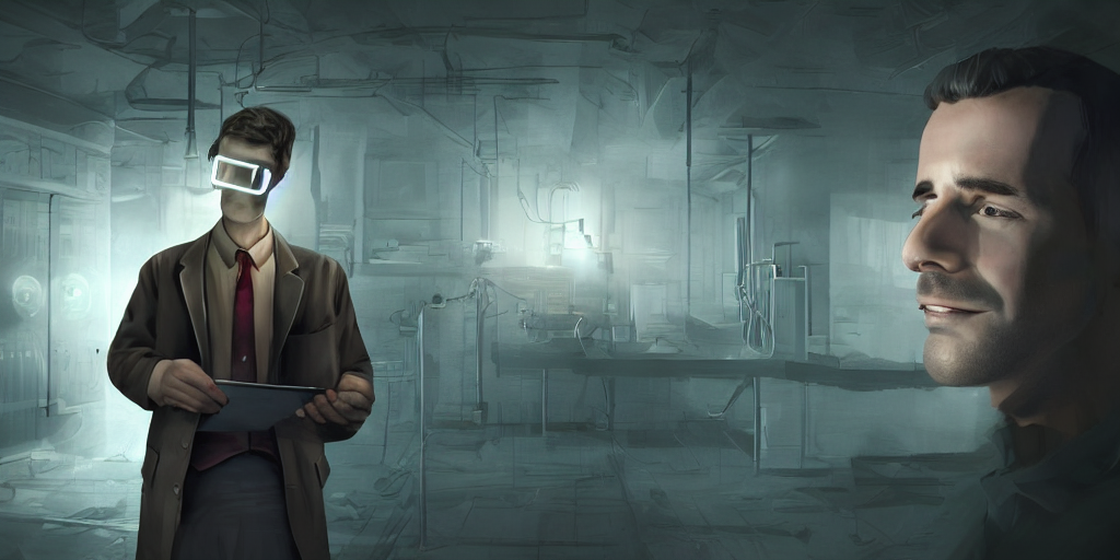scientist is holding a folder, he is in shock, dark building, the folder glows and lights up his face, professional lighting, 3 d digital modeling, movie scene, concept art, detailed art,