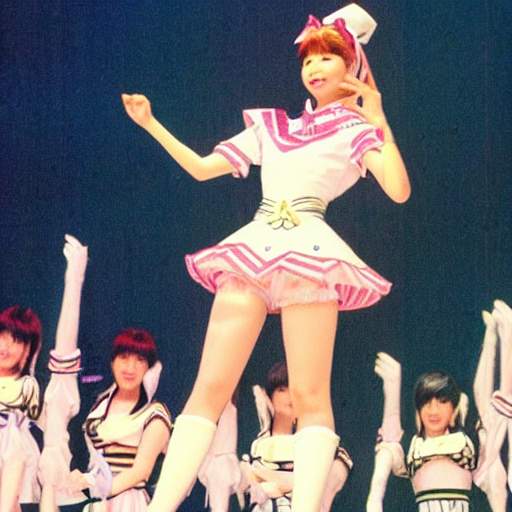 publicity photo of 1 9 8 0 s beautiful japanese pop - idol chisato moritaka cosplaying as sailor moon, doing a heroic battle pose in the style of sailor moon, onstage at her concert in front of backup dancers.